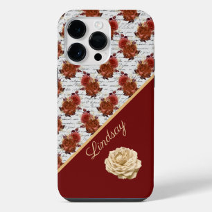 Vintage Burgundy and White Rose Pattern with Name iPhone 14 Pro Max Case