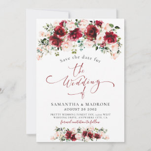 Vintage Burgundy Blush Floral Watercolor Wedding Save The Date