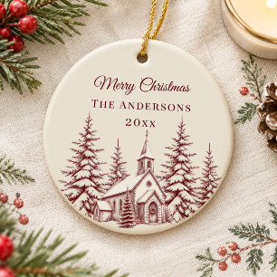Vintage Burgundy Cream Christmas Toile Church Ceramic Tree Decoration