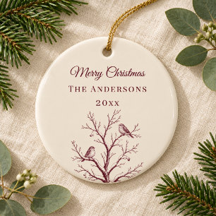 Vintage Burgundy Cream Christmas Toile Tree Birds Ceramic Tree Decoration