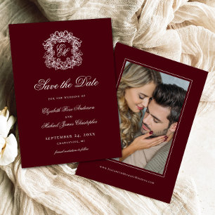 Vintage Burgundy Crest Monogram Wedding Photo Save The Date
