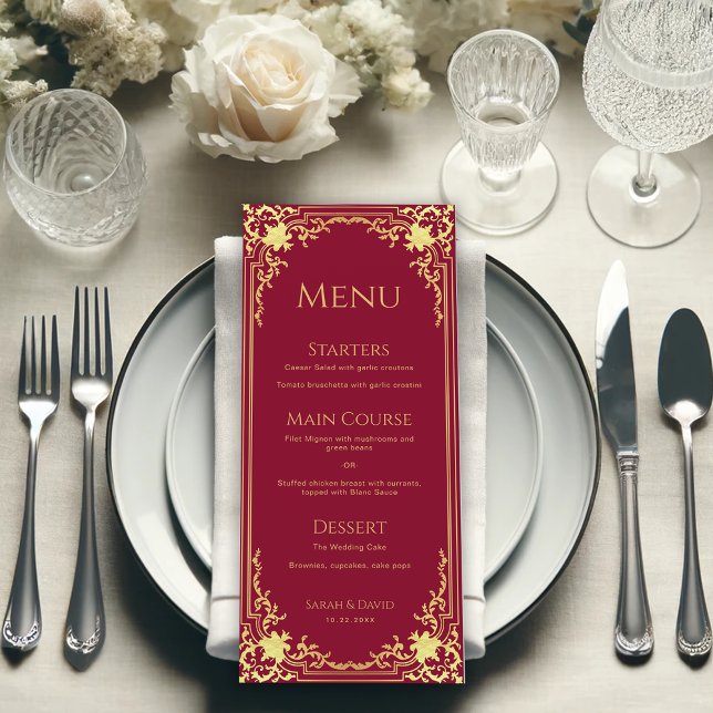 Vintage Burgundy Faux Gold Foil Elegant Wedding  Menu (Creator Uploaded)