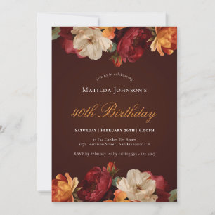 Vintage Burgundy Floral 40th Birthday Invitation