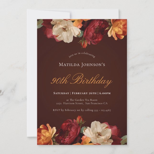 Vintage Burgundy Floral 90th Birthday Invitation (Front)