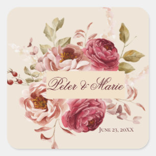 Vintage Burgundy Floral Beige Wedding Envelope Sea Square Sticker