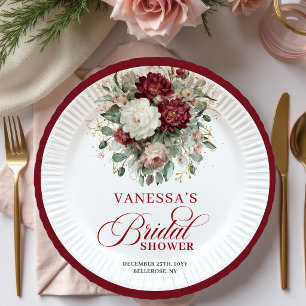 Vintage Burgundy Floral Bridal Shower Paper Plates