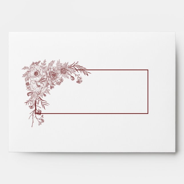 Vintage Burgundy Floral Line Art Wedding Envelope (Front)