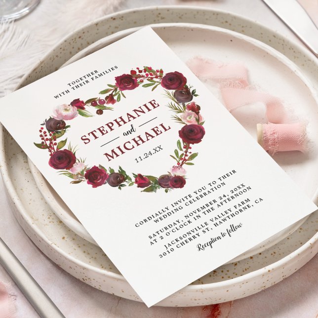 Vintage Burgundy Floral Wedding Invitation (Creator Uploaded)