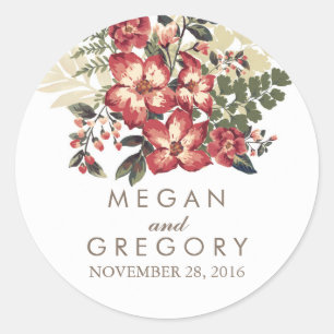 vintage burgundy flowers wedding classic round sticker