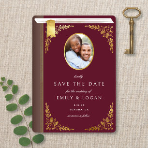 Vintage Burgundy Gold Book Photo Wedding  Save The Date