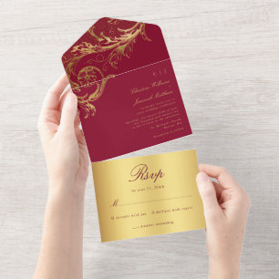 Vintage Burgundy Gold Damask Calligraphy Wedding All In One Invitation