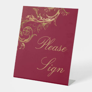 Vintage Burgundy Gold Damask Please Sign Wedding