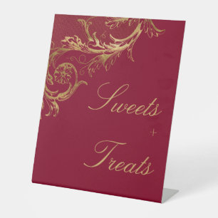 Vintage Burgundy Gold Damask Sweets Treats Wedding Pedestal Sign