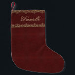 Vintage Burgundy Gold Elegant Calligraphic Script Small Christmas Stocking<br><div class="desc">The background is dark burgundy. The name is written an a golden calligraphic script, in the upper part, between two vintage gold stripes with lace-like decorations. The elegant gold decorations on burgundy red are from a vintage French book cover binding from the late 19th century, now in the public domain,...</div>