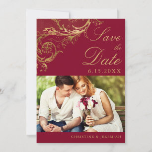 Vintage Burgundy Gold Floral Damask Photo Wedding Save The Date
