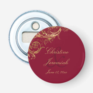 Vintage Burgundy Gold Floral Damask Script Wedding Bottle Opener