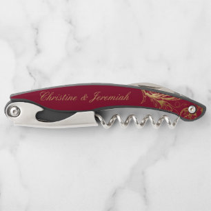 Vintage Burgundy Gold Floral Damask Script Wedding Corkscrew