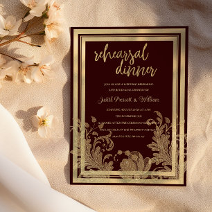 Vintage burgundy gold floral lace Rehearsal Dinner Invitation