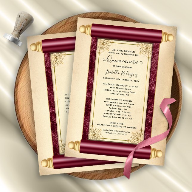 Vintage Burgundy Gold Scroll Elegant Quinceañera Invitation (Vintage Burgundy Gold Scroll Elegant Quinceañera Invitation)