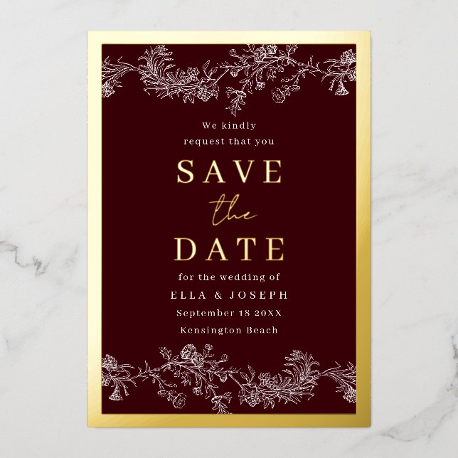 Vintage Burgundy Gold White Wedding Save The Date (Front)
