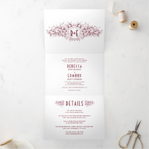 Vintage burgundy heraldic crest, initials wedding Tri-Fold invitation