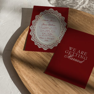Vintage Burgundy Lace Doily Old Money Wedding  Invitation