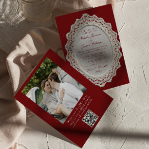Vintage Burgundy Lace Doily QR Code Photo Wedding  Invitation