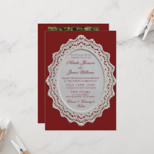 Vintage Burgundy Lace Doily QR Code Photo Wedding Invitation
