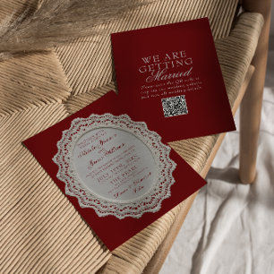 Vintage Burgundy Lace Doily QR Code Wedding  Invitation