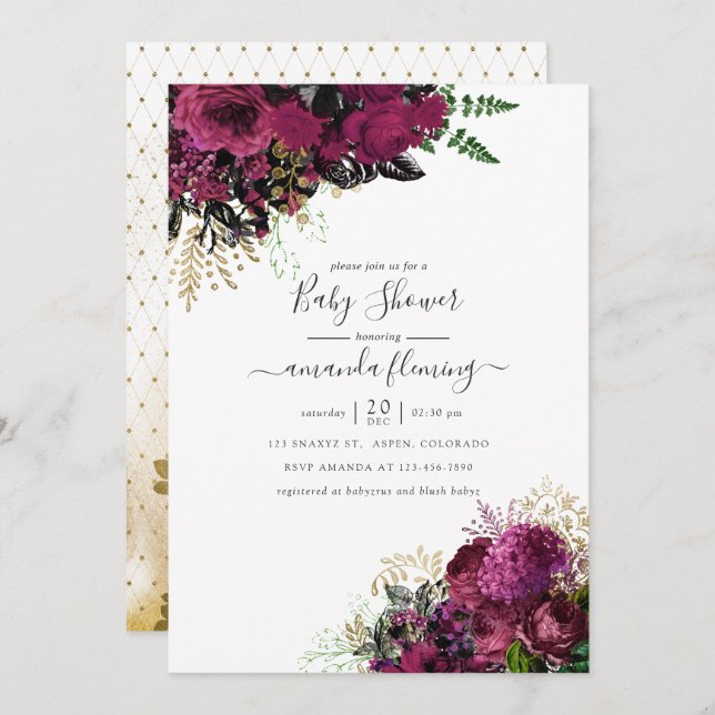 Vintage Burgundy - Marsala and Gold Baby Shower Invitation (Front/Back)