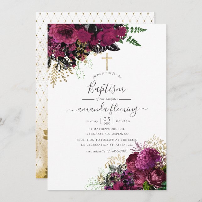 Vintage Burgundy - Marsala and Gold Baptism Invitation (Front/Back)