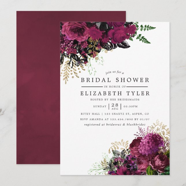 Vintage Burgundy - Marsala and Gold Bridal Shower Invitation (Front/Back)