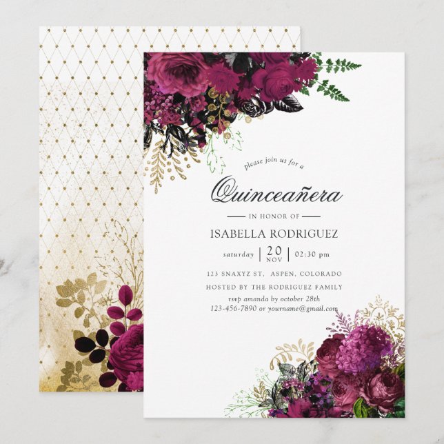 Vintage Burgundy - Marsala and Gold Quinceañera Invitation (Front/Back)