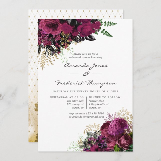 Vintage Burgundy - Marsala & Gold Rehearsal Dinner Invitation (Front/Back)