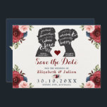 Vintage Burgundy Navy Floral Quotes Save the Date Invitation<br><div class="desc">This lovely wedding save the date card features hand painted watercolor floral in burgundy, navy and blush elegantly combined with vintage silhouettes of Elizabeth Bennet and Mr Darcy, two of the most beloved and iconic characters in English literature, from the romantic novel "Pride and Prejudice" written by Jane Austen. Each...</div>