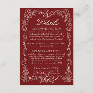 Vintage Burgundy Old Money Fancy Wedding Details Enclosure Card