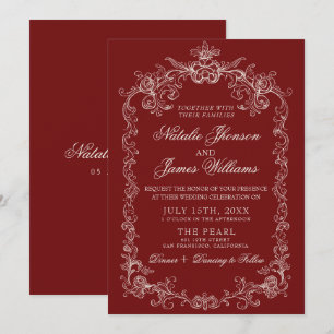 Vintage Burgundy Old Money Retro Fancy Wedding Invitation