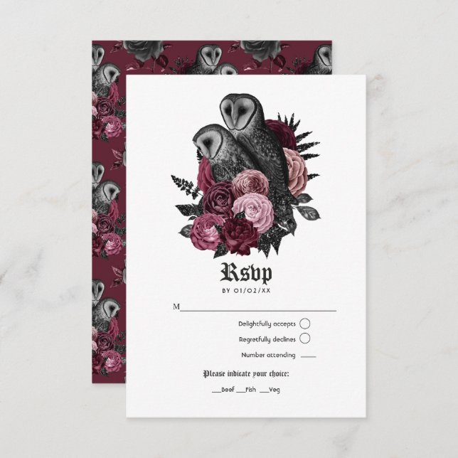 Vintage Burgundy Owls Gothic Wedding RSVP Card (Front/Back)