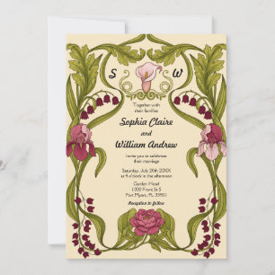 Vintage Burgundy Pink Art Nouveau Floral Wedding Invitation