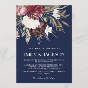 Vintage Burgundy Pink Floral Navy Blue Wedding Invitation