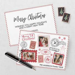Vintage Burgundy Postage Stamp Photo Christmas Holiday Card