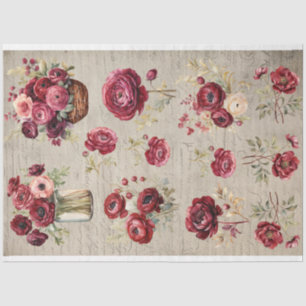 Vintage burgundy Ranunculus flowers old paper