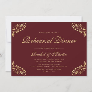 vintage burgundy red faux gold rehearsal dinner invitation
