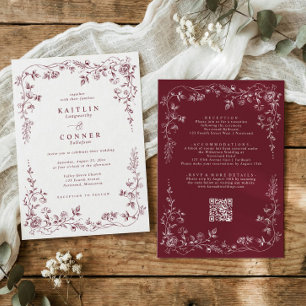 Vintage Burgundy Red French Floral Wedding Invitation