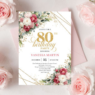 Vintage Burgundy Red Gold 80th Birthday Invite