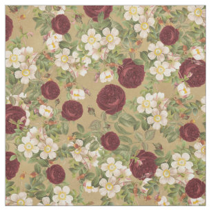 Vintage Burgundy Red & White Roses with Buds Fabric