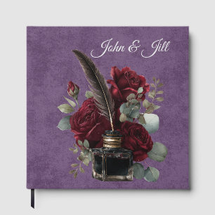 Vintage Burgundy Rose and Inkwell With Flowers Guest Book