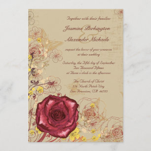 Vintage burgundy rose floral wedding invitation