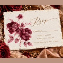 Vintage Burgundy Rose Wedding RSVP Card