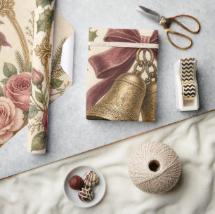 Vintage Burgundy Roses Gold Bells Christmas Wrapping Paper